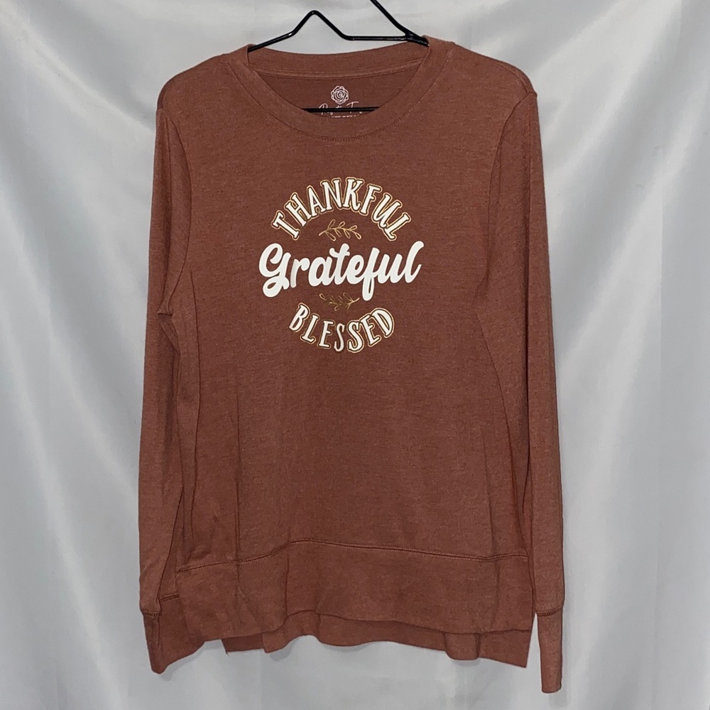 POSITIVE TEES WOSIZE MED Thankful Grateful Blessed CARAMEL Brown SOFT Sweatshirt